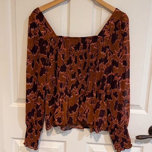 Nine West Top Womens XL Brown Pink Abstract Animal Print Smocked Long Sleeve Blo - Picture 3 of 3